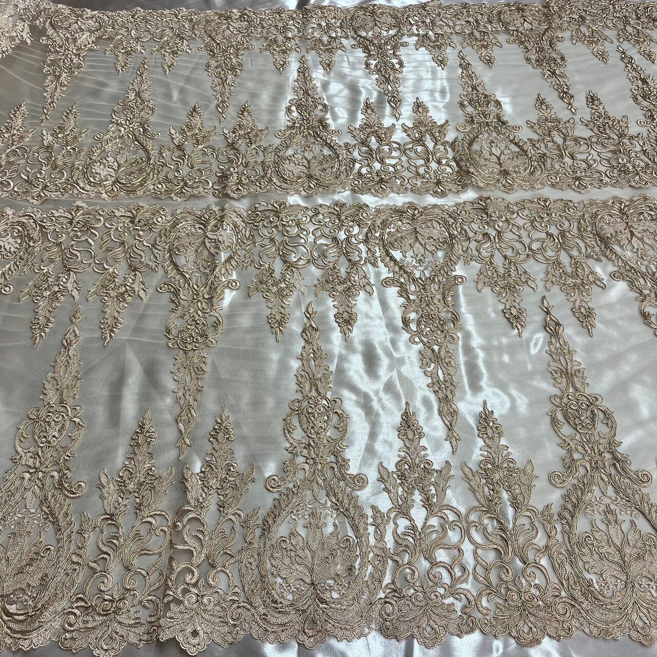 1 Yard White Corded Bridal Lace Fabric Embroidered on Polyester Net Mesh 52 inch Width